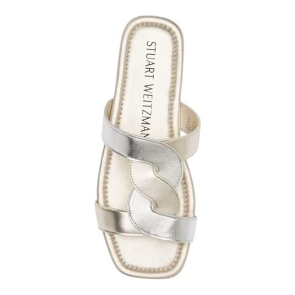 NEW Stuart Weitzman 7.5 Ibiza Woven-Strap Flat Slide Sandal Metallic Silver Gold - Picture 1 of 12